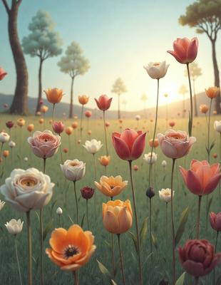 The primary subject of the image is a field filled with a variety of flowers, predominantly pink and white. The setting is a grassy field with trees in the background, creating a serene and natural atmosphere. The visual style is a combination of photo and digital art, as the flowers are depicted in a realistic manner while the overall composition and color palette give it a digital art feel. The colors and mood of the image are predominantly warm and inviting, with the pink and white flowers adding a touch
